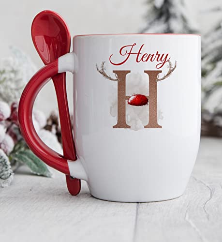 Personalised Red Handle Tradional Reindeer Initial Mug with spoon, Christmas Alphabet with Antlers and red nose hot chocolate, Cute Xmas mug