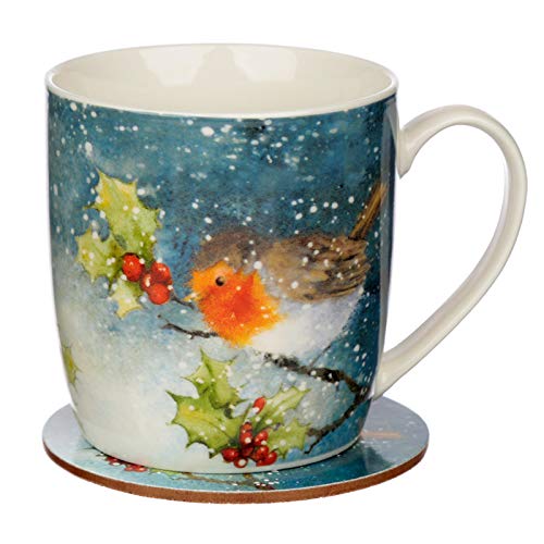 Puckator Jan Pashley Christmas Robin Porcelain Mug & Cork Coaster Set, Food Dishwasher & Microwave Safe, Home Office Work, Height 9cm Width 12cm Depth 8.5cm Coaster Diameter 10cm