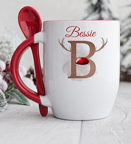 Personalised Red Handle Tradional Reindeer Initial Mug with spoon, Christmas Alphabet with Antlers and red nose hot chocolate, Cute Xmas mug