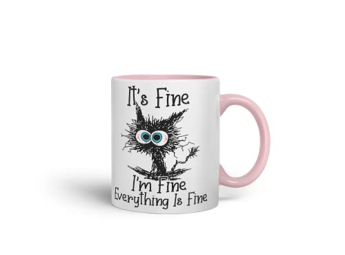 Vixar Its Fine I'm Fine Everything is fine Cat Joke Coloured Mug Cup Gift Birthday Work Office Christmas Tea Coffee (Pink)