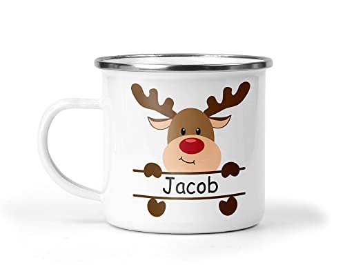 Personalised Christmas Mug with Reindeer & Name, Custom Festive Design, Hot Chocolate Enamel Mug, Christmas Eve Box Fillers, Gifts For Kids