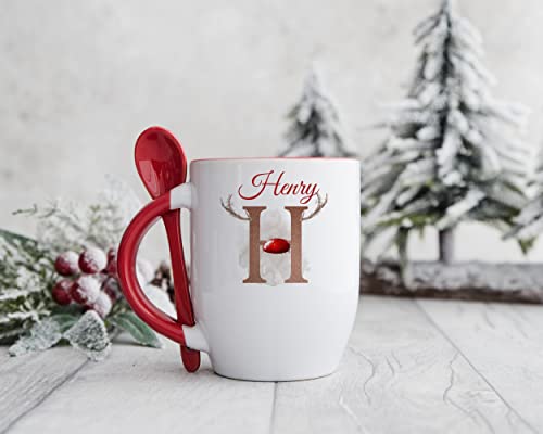 Personalised Red Handle Tradional Reindeer Initial Mug with spoon, Christmas Alphabet with Antlers and red nose hot chocolate, Cute Xmas mug