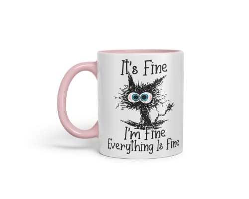 Vixar Its Fine I'm Fine Everything is fine Cat Joke Coloured Mug Cup Gift Birthday Work Office Christmas Tea Coffee (Pink)