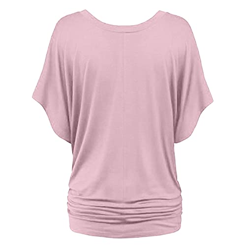 Womens Tunic Tops Sale Clearance Plus Size Elegant Casual Solid Short Sleeve Batwing Sleeve Blouse V-Neck Loose Tops Office UK Size Ladies Henley T-Shirt for Christmas Mother's Day Pink
