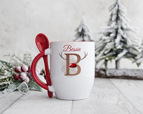 Personalised Red Handle Tradional Reindeer Initial Mug with spoon, Christmas Alphabet with Antlers and red nose hot chocolate, Cute Xmas mug