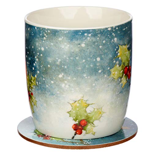 Puckator Jan Pashley Christmas Robin Porcelain Mug & Cork Coaster Set, Food Dishwasher & Microwave Safe, Home Office Work, Height 9cm Width 12cm Depth 8.5cm Coaster Diameter 10cm