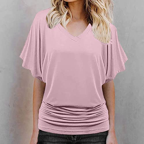Womens Tunic Tops Sale Clearance Plus Size Elegant Casual Solid Short Sleeve Batwing Sleeve Blouse V-Neck Loose Tops Office UK Size Ladies Henley T-Shirt for Christmas Mother's Day Pink