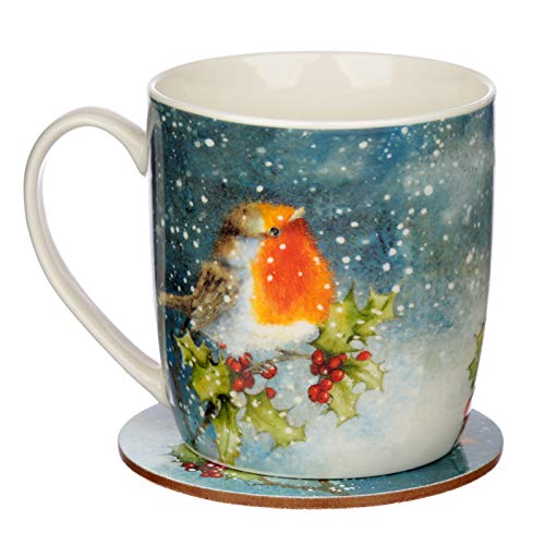 Puckator Jan Pashley Christmas Robin Porcelain Mug & Cork Coaster Set, Food Dishwasher & Microwave Safe, Home Office Work, Height 9cm Width 12cm Depth 8.5cm Coaster Diameter 10cm