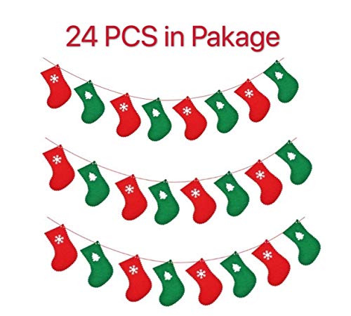 Felt Christmas Stocking Bunting Banner 24 PCS Advent Calendar Garland Banner with Ribbon for Xmas Fireplace Wall Christmas Tree Decoration