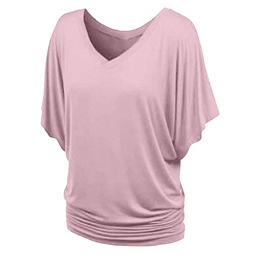 Womens Tunic Tops Sale Clearance Plus Size Elegant Casual Solid Short Sleeve Batwing Sleeve Blouse V-Neck Loose Tops Office UK Size Ladies Henley T-Shirt for Christmas Mother's Day Pink