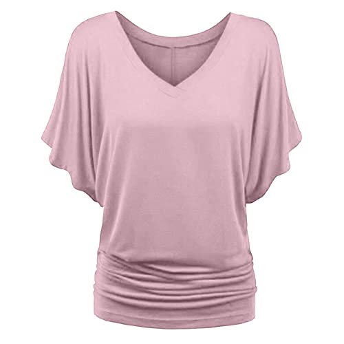 Womens Tunic Tops Sale Clearance Plus Size Elegant Casual Solid Short Sleeve Batwing Sleeve Blouse V-Neck Loose Tops Office UK Size Ladies Henley T-Shirt for Christmas Mother's Day Pink