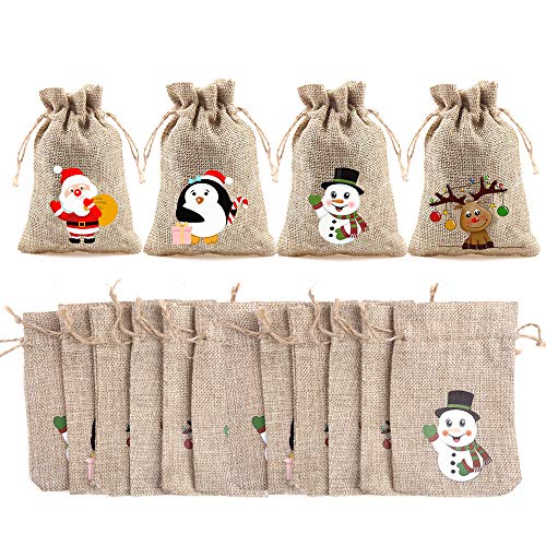 VEYLIN 12 Pieces Christmas Jute Burlap Bags,Christmas Drawstring Gift Bags Advent Calendar Burlap Bags for Xmas Party Supply