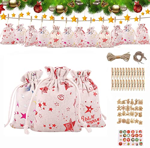 24 Christmas Advent Calendar Bags, Christmas Countdown Hanging Advent Calendar Bags Advent Bags with Drawstring, Resusable for Christmas, Diy Craft Padding