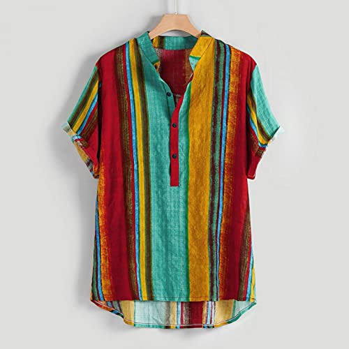 Cenlang Men's Cotton Linen Shirts Short Sleeve Summer Floral Button Down Hawaiian Shirt Relaxed-Fit Vintage Casual Beach Tops Red