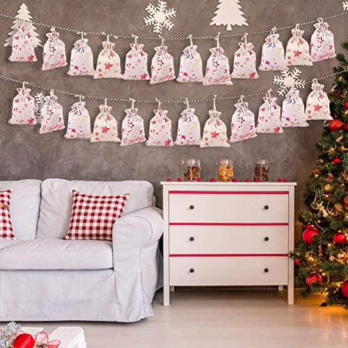 24 Christmas Advent Calendar Bags, Christmas Countdown Hanging Advent Calendar Bags Advent Bags with Drawstring, Resusable for Christmas, Diy Craft Padding
