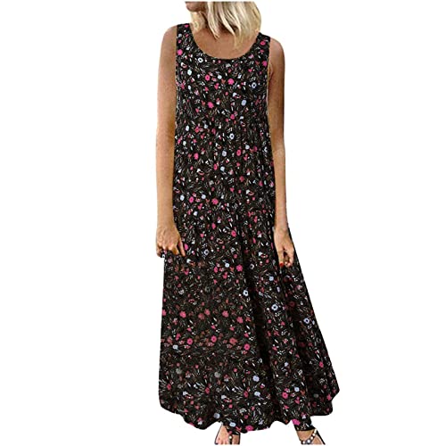 AMhomely Women Dresses Ladies Plus Size Casual Loose Sleeveless Floral Daily Linen Print Long Maxi Dress Cocktail Holiday Dress Work Dress Evening Gowns Halloween Dress Christmas UK Size