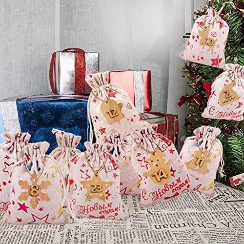 24 Christmas Advent Calendar Bags, Christmas Countdown Hanging Advent Calendar Bags Advent Bags with Drawstring, Resusable for Christmas, Diy Craft Padding