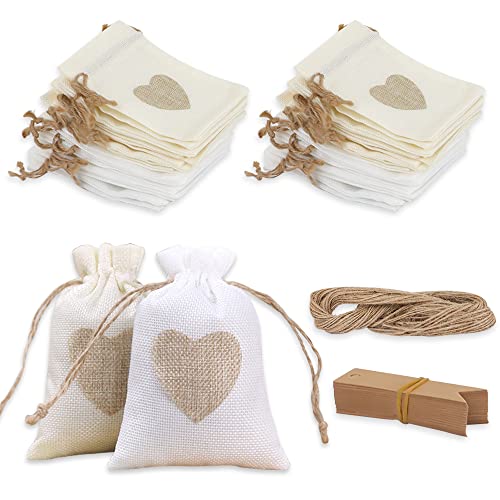 HMIEPRS 40 Pcs Burlap Bags, Linen Drawstring Bags with Gift Tags, Heart Hessian Bags, Jute Cloth Favour Pouches for Wedding Fabric Christmas Party Birthday DIY Craft (White Beige)