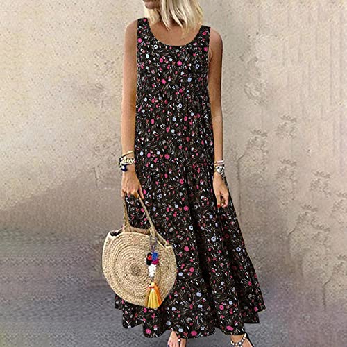 AMhomely Women Dresses Ladies Plus Size Casual Loose Sleeveless Floral Daily Linen Print Long Maxi Dress Cocktail Holiday Dress Work Dress Evening Gowns Halloween Dress Christmas UK Size