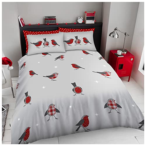 GC GAVENO CAVAILIA Robin Bird King Size Duvet Cover Set, Birds Bedding & Linen Set, Soft & Cozy Christmas Comforter Covers, Grey