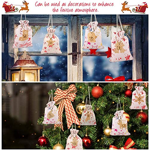 24 Christmas Advent Calendar Bags, Christmas Countdown Hanging Advent Calendar Bags Advent Bags with Drawstring, Resusable for Christmas, Diy Craft Padding