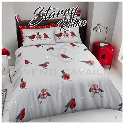 GC GAVENO CAVAILIA Robin Bird King Size Duvet Cover Set, Birds Bedding & Linen Set, Soft & Cozy Christmas Comforter Covers, Grey