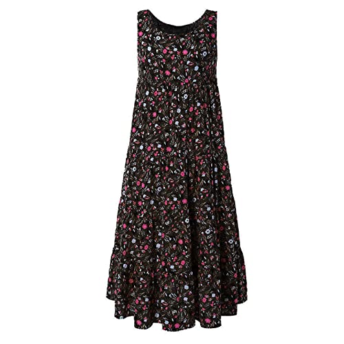 AMhomely Women Dresses Ladies Plus Size Casual Loose Sleeveless Floral Daily Linen Print Long Maxi Dress Cocktail Holiday Dress Work Dress Evening Gowns Halloween Dress Christmas UK Size