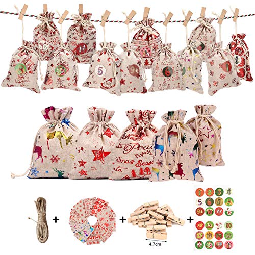 HUSZZM 24 Pcs Christmas Burlap Bags Small Gift Bag to Fill DIY Advent Calendar Bags Tree Hanging Hessian Sacks with Drawstring Linen Gift Pouches for Xmas Wedding Birthday Kids Party Favour Supplie