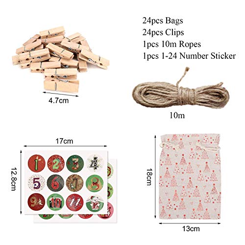 HUSZZM 24 Pcs Christmas Burlap Bags Small Gift Bag to Fill DIY Advent Calendar Bags Tree Hanging Hessian Sacks with Drawstring Linen Gift Pouches for Xmas Wedding Birthday Kids Party Favour Supplie