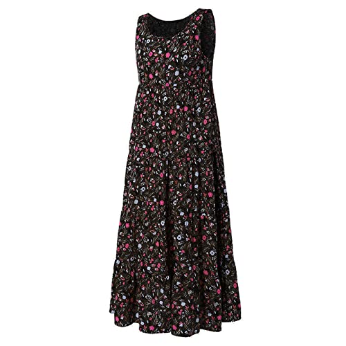 AMhomely Women Dresses Ladies Plus Size Casual Loose Sleeveless Floral Daily Linen Print Long Maxi Dress Cocktail Holiday Dress Work Dress Evening Gowns Halloween Dress Christmas UK Size