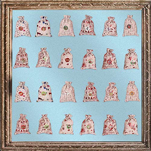 HUSZZM 24 Pcs Christmas Burlap Bags Small Gift Bag to Fill DIY Advent Calendar Bags Tree Hanging Hessian Sacks with Drawstring Linen Gift Pouches for Xmas Wedding Birthday Kids Party Favour Supplie