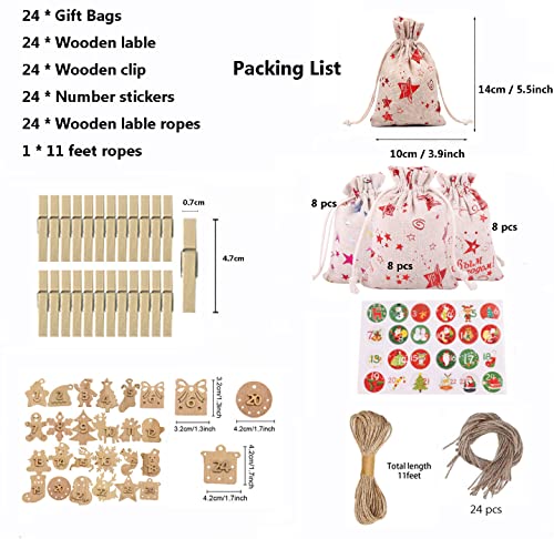 24 Christmas Advent Calendar Bags, Christmas Countdown Hanging Advent Calendar Bags Advent Bags with Drawstring, Resusable for Christmas, Diy Craft Padding