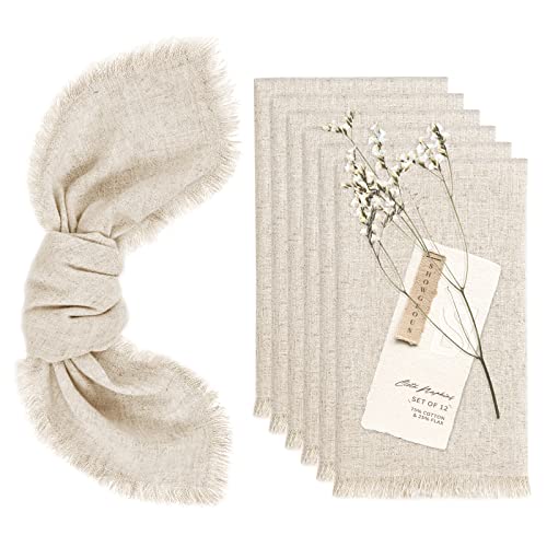 12 Pack Linen Cotton Napkins with Fringe 45 x 45 cm Dinner Cloth Napkins Cotton Linen Blend Fabric Napkins Washable Rustic Linen Table Napkins for Wedding Parties Christmas (Beige)