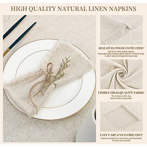 12 Pack Linen Cotton Napkins with Fringe 45 x 45 cm Dinner Cloth Napkins Cotton Linen Blend Fabric Napkins Washable Rustic Linen Table Napkins for Wedding Parties Christmas (Beige)