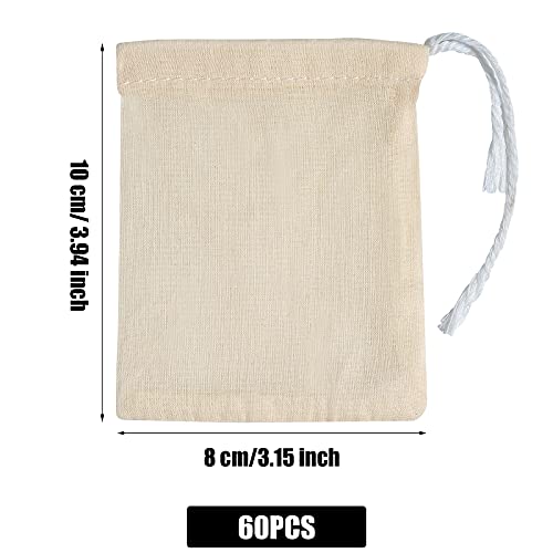 Daucin 60 Pack Cotton Muslin Bags, 8 x 10cm Cotton Bags Reusable Mesh Bags with Drawstring 100% Natural for Slag Filtration Cooking Soap Spices Soaking Medicinal Liquor