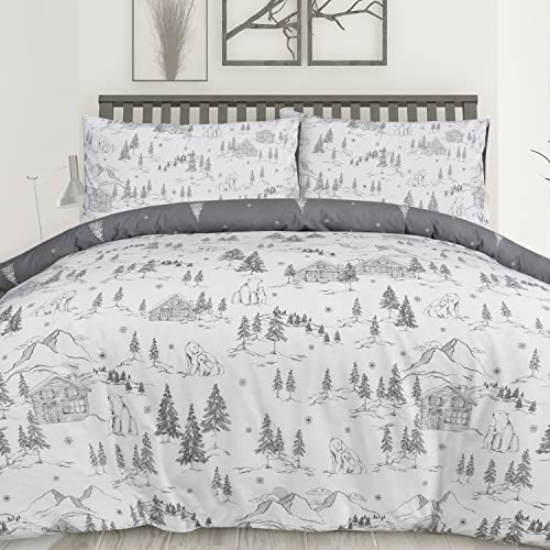 Sleepdown Polar Bears Winter Scene Snowflake White Grey Reversible Duvet Cover Quilt Bedding Set with Pillowcase Soft Easy Care Bed Linen - Single (135cm x 200cm)