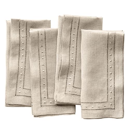 O'lucio Linen Cloth Napkins - Natural 45 x 45 cm, Set of 4 Hemstitch Dinner Napkins with Swiss Dot Embroidered - Christmas Cloth Napkins Washable Handmade from 100% French Flax, Natural Fabric