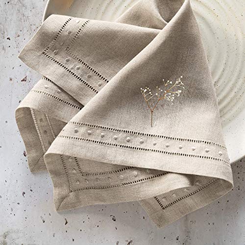 O'lucio Linen Cloth Napkins - Natural 45 x 45 cm, Set of 4 Hemstitch Dinner Napkins with Swiss Dot Embroidered - Christmas Cloth Napkins Washable Handmade from 100% French Flax, Natural Fabric