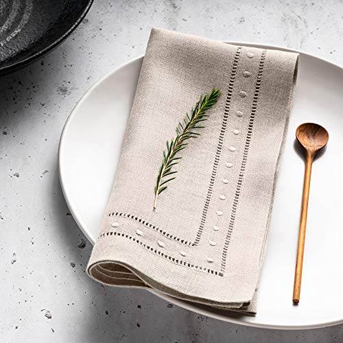 O'lucio Linen Cloth Napkins - Natural 45 x 45 cm, Set of 4 Hemstitch Dinner Napkins with Swiss Dot Embroidered - Christmas Cloth Napkins Washable Handmade from 100% French Flax, Natural Fabric