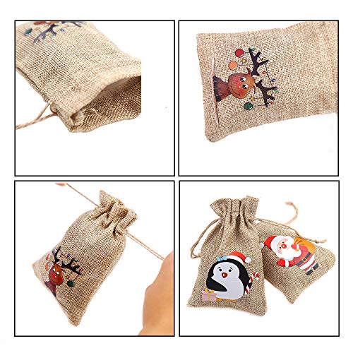 VEYLIN 12 Pieces Christmas Jute Burlap Bags,Christmas Drawstring Gift Bags Advent Calendar Burlap Bags for Xmas Party Supply