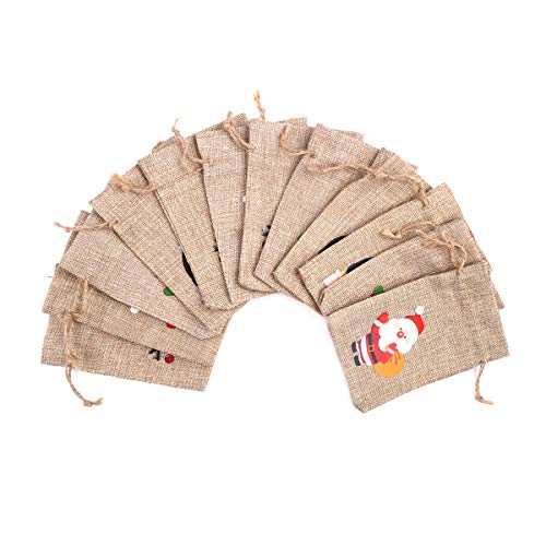 VEYLIN 12 Pieces Christmas Jute Burlap Bags,Christmas Drawstring Gift Bags Advent Calendar Burlap Bags for Xmas Party Supply