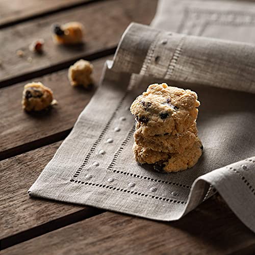 O'lucio Linen Cloth Napkins - Natural 45 x 45 cm, Set of 4 Hemstitch Dinner Napkins with Swiss Dot Embroidered - Christmas Cloth Napkins Washable Handmade from 100% French Flax, Natural Fabric