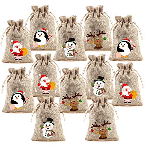 VEYLIN 12 Pieces Christmas Jute Burlap Bags,Christmas Drawstring Gift Bags Advent Calendar Burlap Bags for Xmas Party Supply