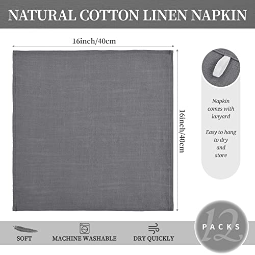 12 Pack Linen Cotton Napkins 40 x 40 cm Dinner Cloth Napkins Cotton Linen Blend Fabric Napkins Washable Reusable Linen Flax Table Napkins for Wedding Dinner Hotel Parties Christmas (Grey)