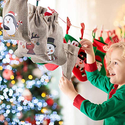 VEYLIN 12 Pieces Christmas Jute Burlap Bags,Christmas Drawstring Gift Bags Advent Calendar Burlap Bags for Xmas Party Supply