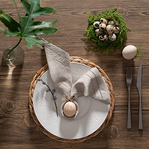 O'lucio Linen Cloth Napkins - Natural 45 x 45 cm, Set of 4 Hemstitch Dinner Napkins with Swiss Dot Embroidered - Christmas Cloth Napkins Washable Handmade from 100% French Flax, Natural Fabric