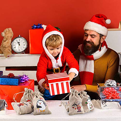 VEYLIN 12 Pieces Christmas Jute Burlap Bags,Christmas Drawstring Gift Bags Advent Calendar Burlap Bags for Xmas Party Supply