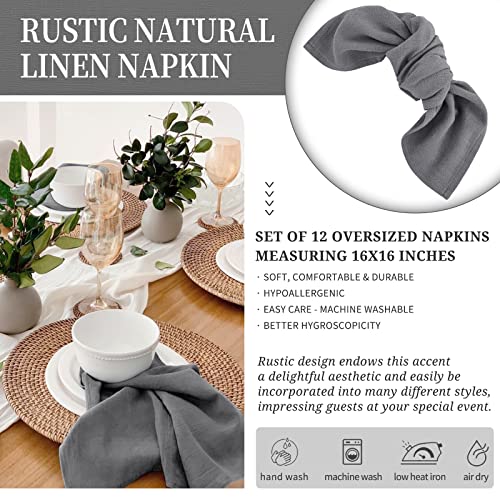 12 Pack Linen Cotton Napkins 40 x 40 cm Dinner Cloth Napkins Cotton Linen Blend Fabric Napkins Washable Reusable Linen Flax Table Napkins for Wedding Dinner Hotel Parties Christmas (Grey)