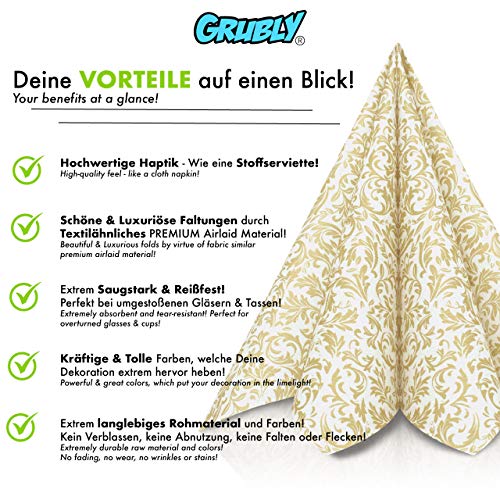 GRUBly Napkins GOLD | Ornamental cloth-like party serviettes | Perfect for Special Occasions; Dinner, Wedding, Birthday, BBQ | Eco Friendly Napkins | AIRLAID QUALITY | 40 x 40cm | Pack of 50