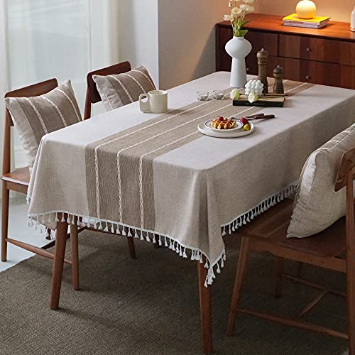 MOKANI Middle Embroidery Table Cloth Washable Cotton Linen Tassel Tablecloth, Square Wrinkle Free Anti-Fading Table Cover for Kitchen Dinning Thanksgiving Christmas (55 x 55 Inch, Brown)